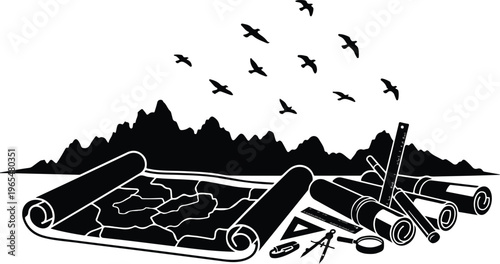 Black and White Silhouette of a Vintage Water Wheel Sawmill with Timber Logs and Woodworking Tools