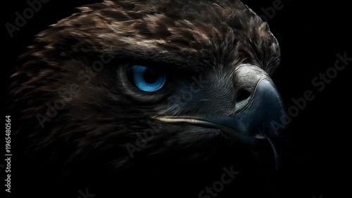Dramatic close up of majestic eagle with striking blue eye in dark setting
