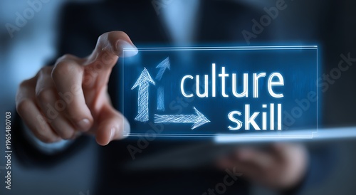 Business Strategy Interface Touchscreen Concept: Man Pointing at Glowing Culture Skill Icon Arrows Illustrating Business Growth and Career Advancement Success in Digital Workspace