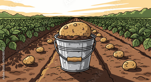 A harvested potato sits in a bucket amidst a field of potato plants