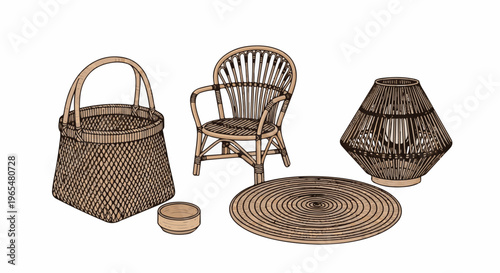 Woven bamboo decor basket, chair, lamp, small bowl, and round rug