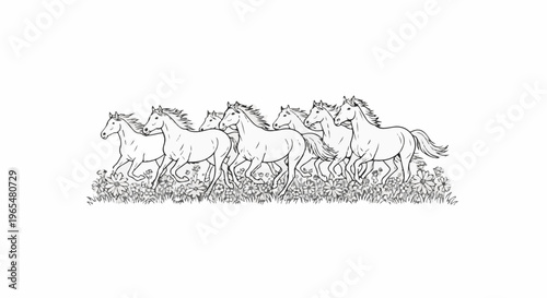 A line drawing of seven horses running through a field of flowers