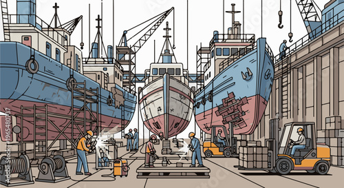 Workers repair large ships in a dry dock with cranes and forklifts