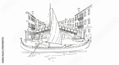 Woman in gondola glides past arched bridge and buildings in Venice
