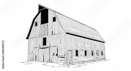 A monochromatic line drawing of a traditional wooden barn with a gambrel roof