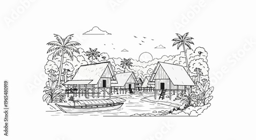 Tropical stilt houses on a river with a boat and lush vegetation