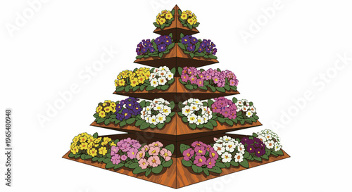Tiered planter showcasing colorful blooming flowers in red-brown wood