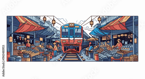 Train passes through a busy market with vendors and produce