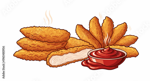 Golden fried crispy chicken strips with steaming sauce and dipping sauce