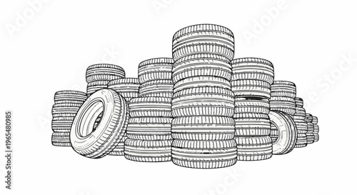 A collection of stacked vehicle tires, drawn in a sketch-like style
