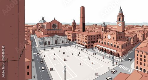 Aerial view of a historic European city square with iconic towers and buildings