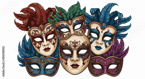 A festive collection of ornate, feathered masks in rich jewel tones