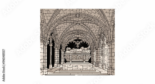 Stone tomb with effigy in arched Gothic cathedral interior