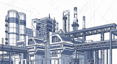 A futuristic industrial complex with towers, pipes, and elevated walkways