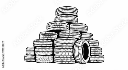 Stacked vehicle tires, a black and white illustration