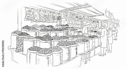 A lively market stall overflowing with sacks of diverse grains and dried goods