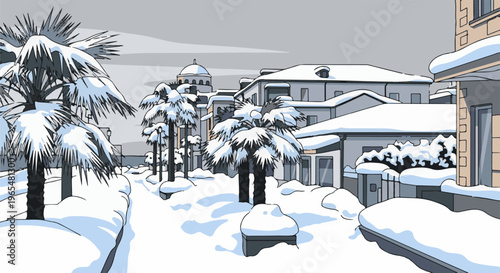 Snow-covered palm trees line a quiet street in front of residential buildings