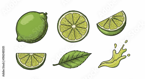 Collection of green limes, sliced, and a refreshing juice splash