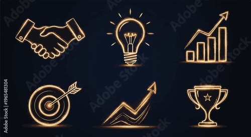 Collection of glowing business icons on dark background