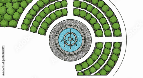 A top-down view of a circular garden with a fountain and manicured bushes