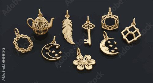 Collection of nine ornate gold charms on a dark background