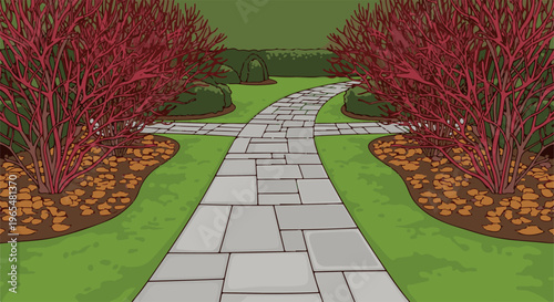 A stone pathway winds through a garden with red-stemmed shrubs