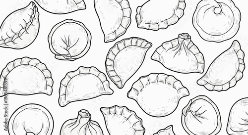 A variety of hand-drawn dumplings in a seamless pattern