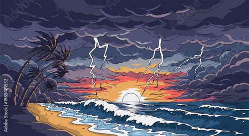 Pixel art stormy sunset with lightning over ocean and palm trees