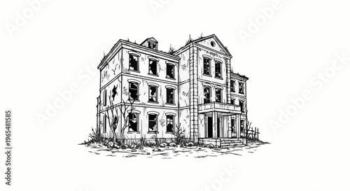 Crumbling, multi-story building with broken windows and overgrown vegetation