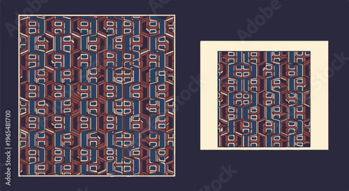 Geometric abstraction with stacked rectangular and hexagonal shapes in blue and red hues