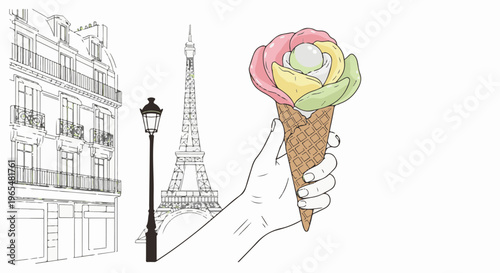 Parisian street scene with iconic tower and a hand holding a colorful ice cream cone