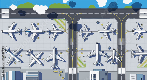 Overhead view of an airport tarmac with multiple airplanes parked at gates