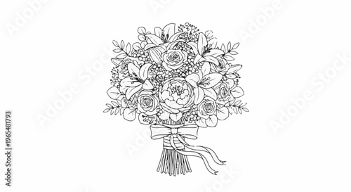 Elegant line art bouquet of various flowers tied with a bow