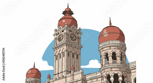 Ornate sandstone building with red domes and a prominent clock tower