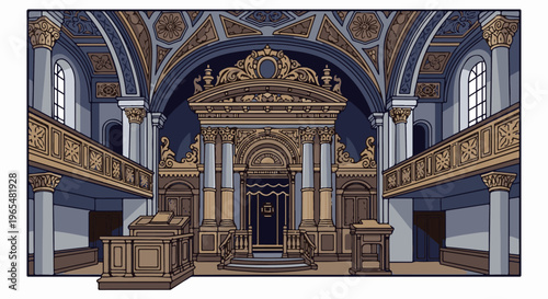 Ornate interior of a grand building with a central ornate altar and balconies