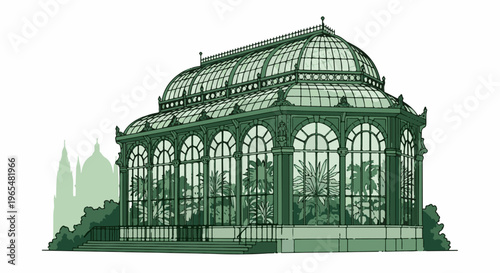 Ornate glass conservatory with lush foliage, a Victorian architectural gem
