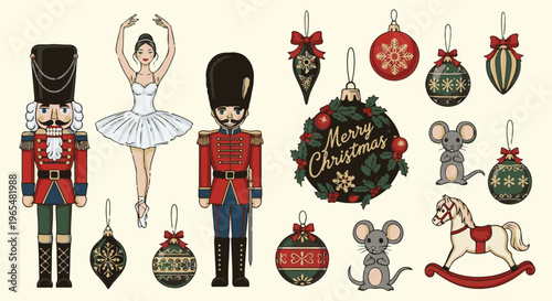 Festive holiday assortment with nutcrackers, ballet dancer, mice, and ornaments