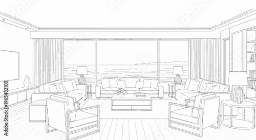 Luxury living room with ocean view and modern furnishings