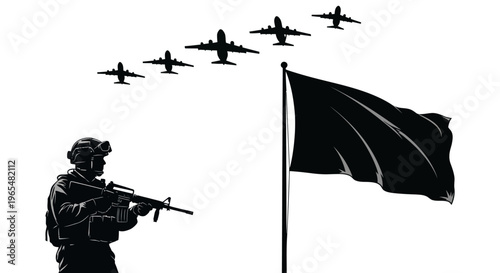Soldier with Rifle and Airplanes Flying Over Black Flag