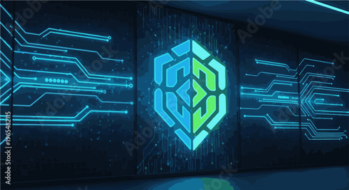 Futuristic digital circuit board with glowing hexagonal logo in dark room