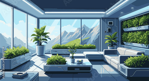 Futuristic minimalist interior with large windows overlooking mountains and lush greenery