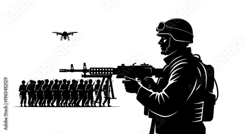 Soldier with rifle and drone flying over marching soldiers, military concept