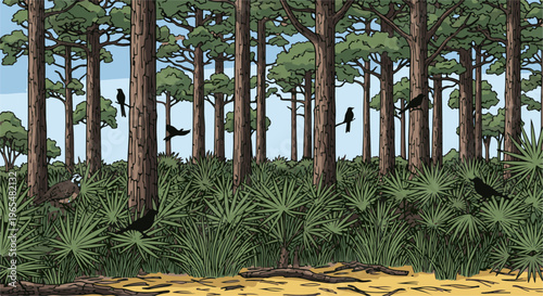 Diverse birds inhabit a dense forest floor of palm fronds and tall trees