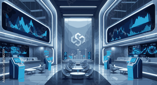 Futuristic trading floor with digital charts and interactive terminals