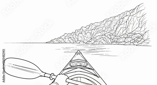 Kayaking past a rocky shoreline, first-person view
