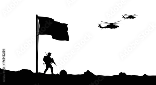 Soldier with rifle and flag, helicopters flying in sky, military concept