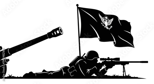 Soldier with sniper rifle and artillery gun, silhouette with flag, military concept