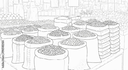 Diverse sacks overflow with produce, a bustling market scene unfolds