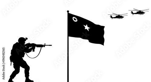 Soldier with Rifle, Flag, and Helicopters - Military Action and National Symbolism