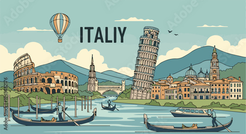 Italian landmarks and canals with gondolas and a hot air balloon